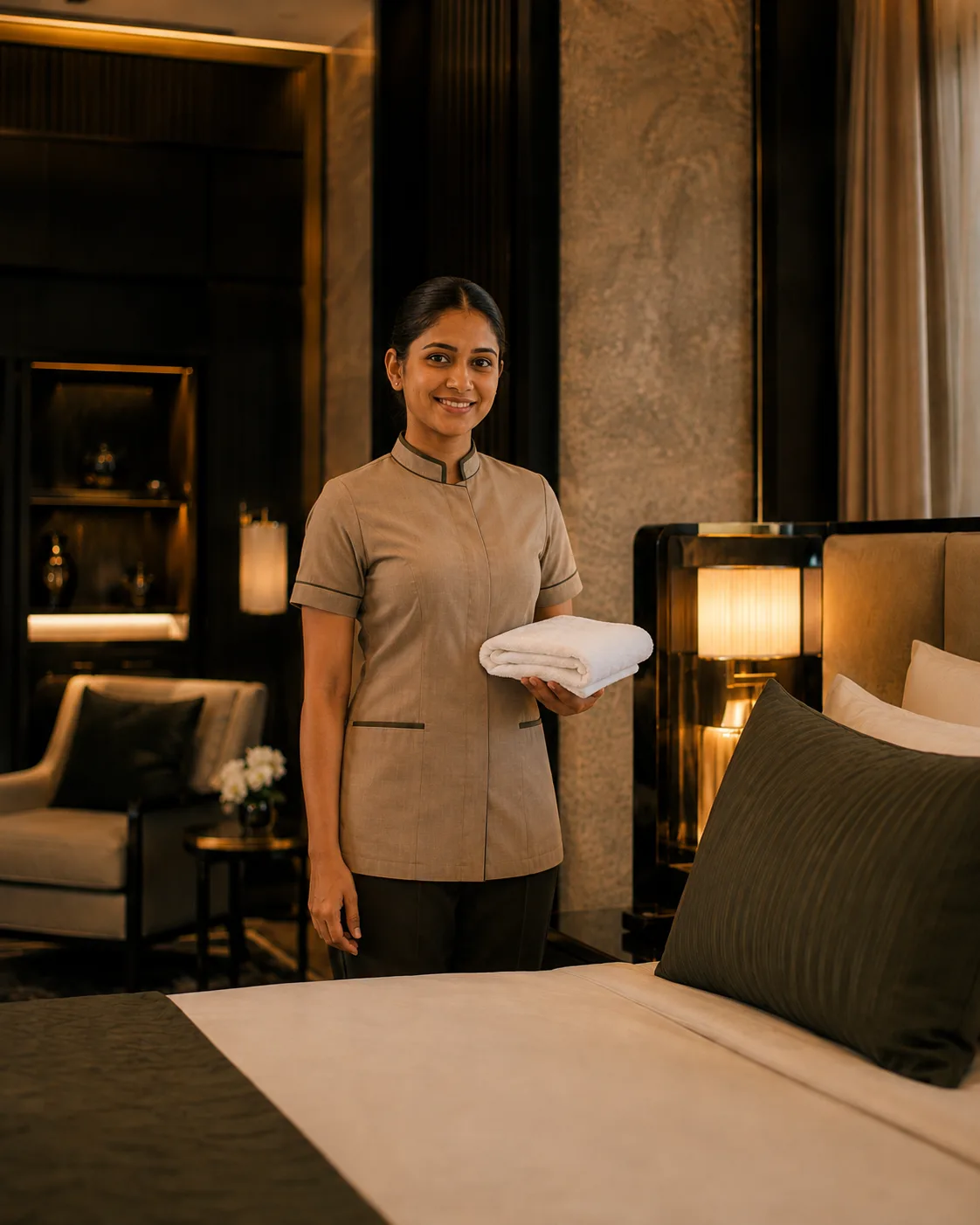 South Asian housekeeping professional preparing a premium hotel suite