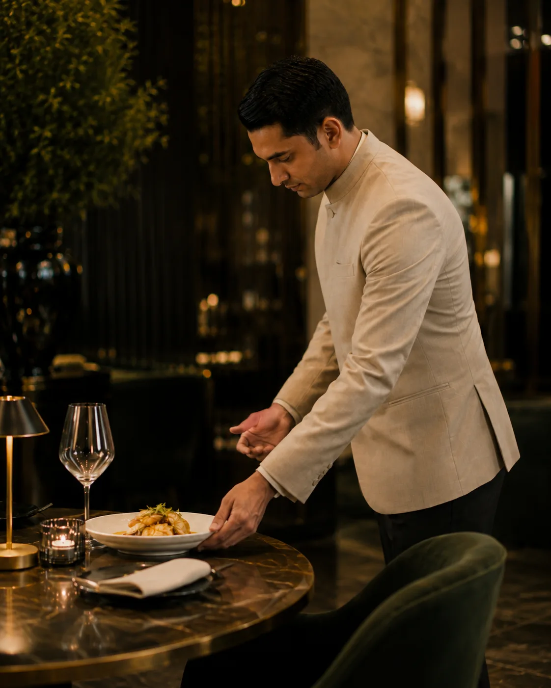 South Asian food and beverage professional presenting a dish in a premium hotel restaurant